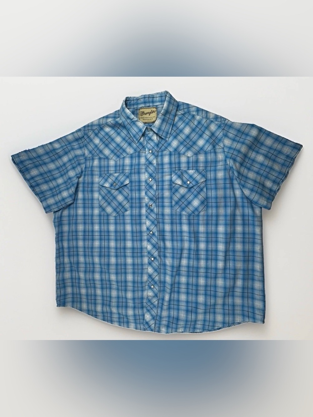 Wrangler Western Snap Shirt Blue Plaid Pearl Snap Short Sleeve Cowboy Men's XL